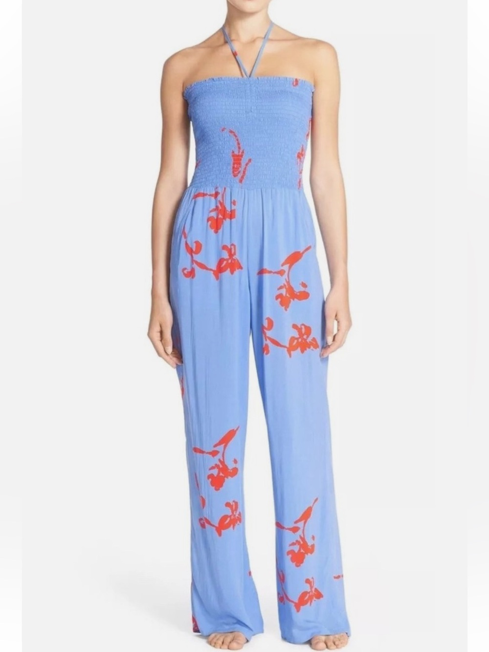 Tory Burch Talisay Strapless Wide-Leg Jumpsuit Red Floral Print Size XLarge